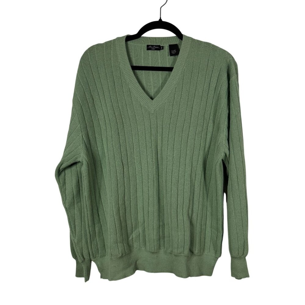 Alan Flusser Mens Green Ribbed Knit V-Neck Sweater Medium Baby Alpaca Wool Blend